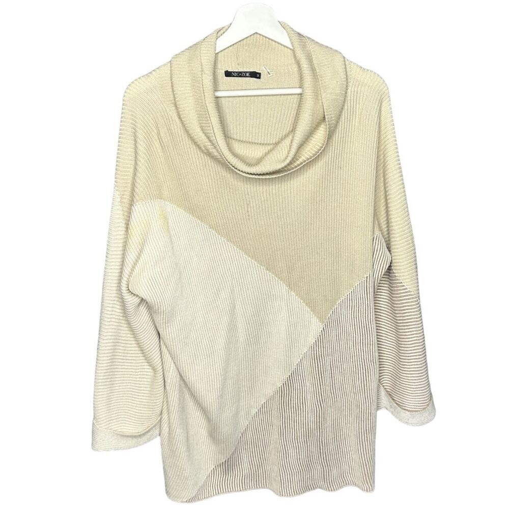 NIC+ZOE Women's Beige/Tan Color Block Cowl Neck Ribbed Sweater Size Medium